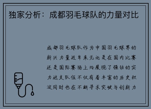 独家分析：成都羽毛球队的力量对比