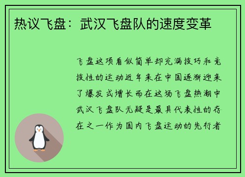 热议飞盘：武汉飞盘队的速度变革