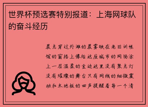 世界杯预选赛特别报道：上海网球队的奋斗经历