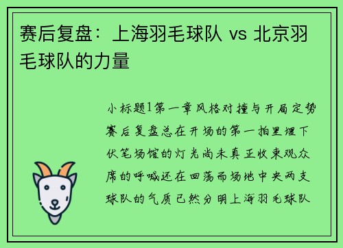 赛后复盘：上海羽毛球队 vs 北京羽毛球队的力量