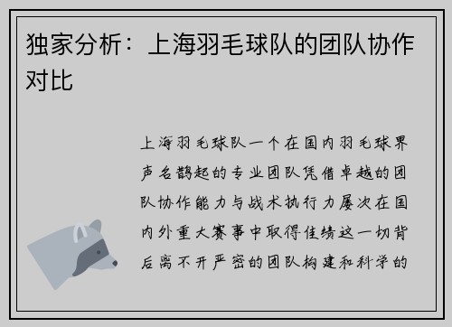 独家分析：上海羽毛球队的团队协作对比
